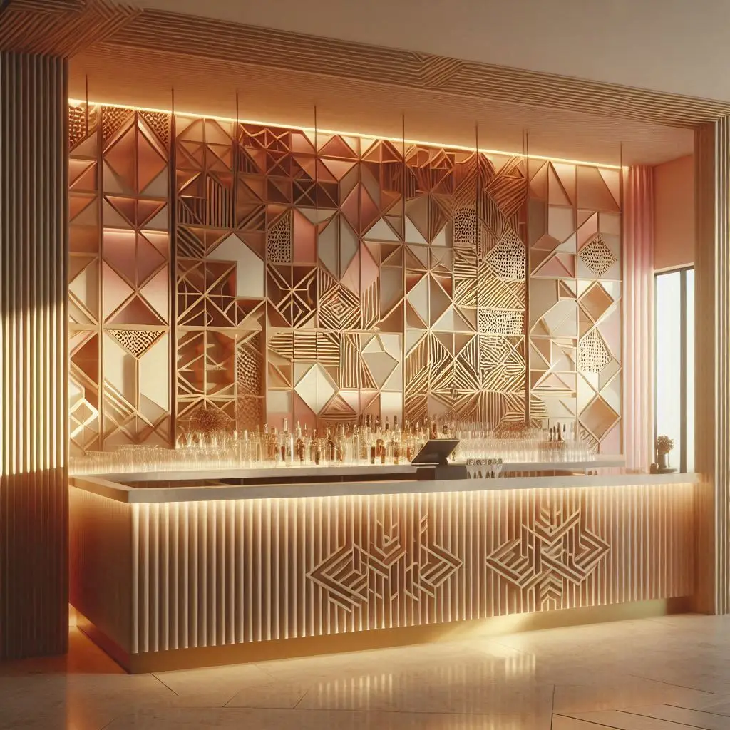 Geometric wood wall restaurant interior